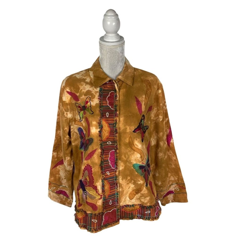 Alex Kin Art to Wear Shirt Jacket Hidden Buttons Tie Dye Embroidery Butterfly PL
